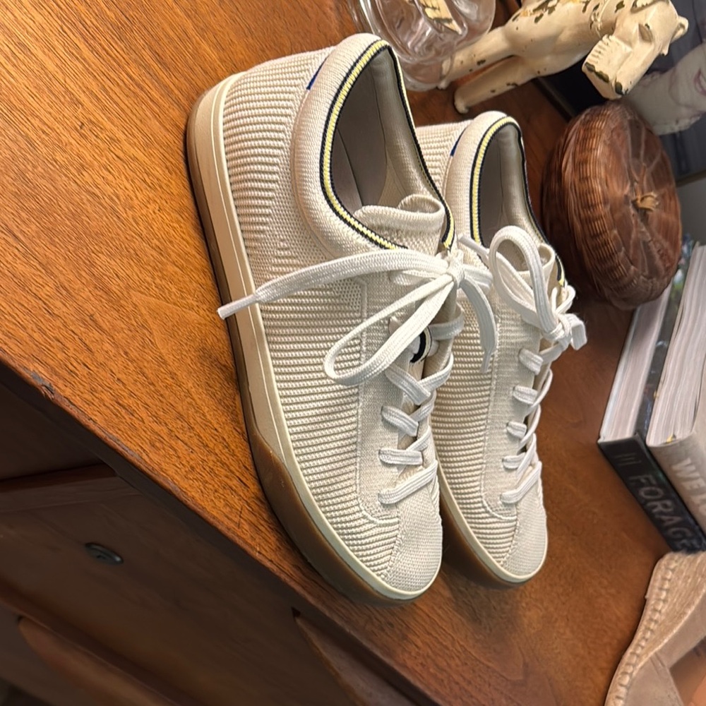 Rothy's Cream Knit Lace-Up Sneakers with Subtle Black & Yellow Trim - Picture 4 of 7